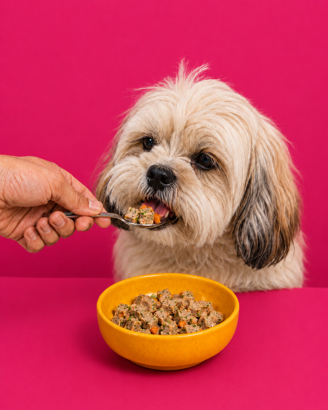 Shih tzu eating SmartCube portions from a spoon